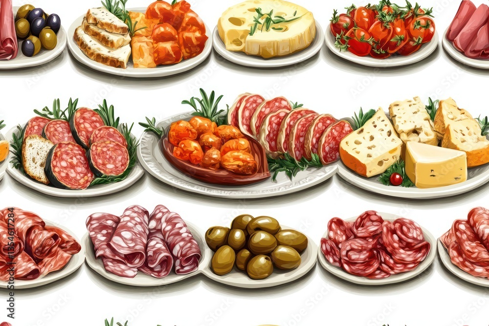 Appetizing Assortment Of Classic Appetizers Served On White Plates Arranged In Rows Appetizing Assortment Of Classic Appetizers Served On White Plates Arranged In Rows
