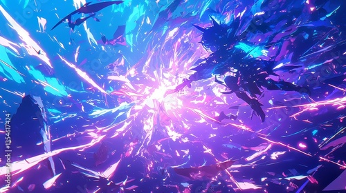 Anime Magical Energy Explosion, a dynamic scene showcasing swirling violet, teal, and magenta energy, with curved lines and sparks conveying intense magical action and vibrant motion