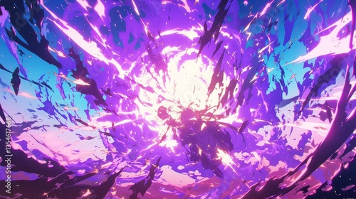 Anime Mystic Flame Eruption, vibrant purple flames bursting outward, swirling hues of violet and lavender, dynamic motion enhanced by intense curves and detailed sparks.