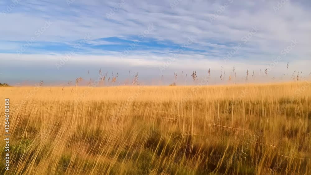 Golden field of tall grass swaying in wind beneath soft blue sky. Concept of rural freedom and calmness Golden field of tall grass swaying in wind beneath soft blue sky. Concept of rural freedom and calmness