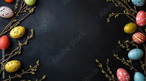 Easter Background with Colorful Eggs and Willow Branches Arranged on Dark Chalkboard in Flat Lay Style. Seasonal Holiday Design for Digital Marketing, Social Media Posts, or Educational Material Conce