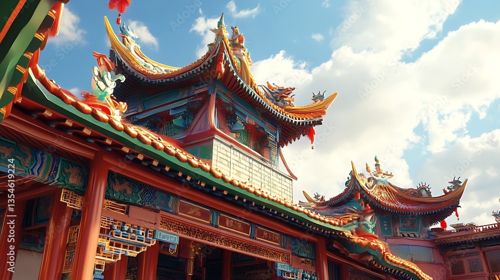 Chinese style architecture with intricate detailing and vibrant red columns image Chinese style architecture with intricate detailing and vibrant red columns image