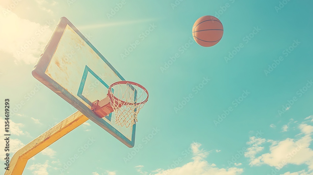 Obraz premium Basketball soaring towards hoop outdoors.