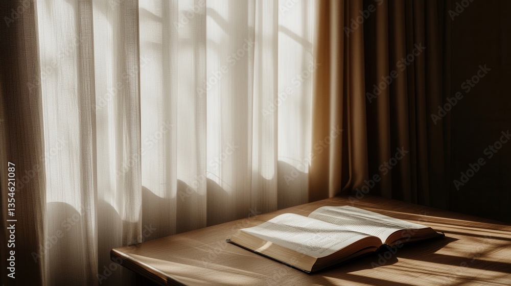 Fototapeta premium Open Book on Wooden Table by Window with Sunlight Streaming Through Sheer Curtains