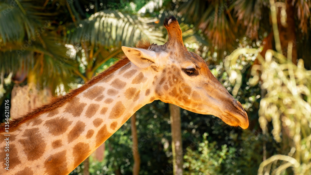 Obraz premium A close up portrait of a Giraffe, in The Sao Paulo Zoo in Brazil.
