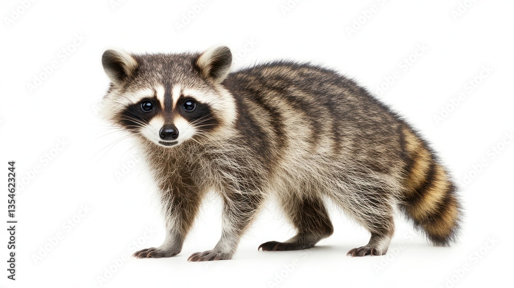 Young raccoon standing against white background. Possible use Wildlife, nature, education Young raccoon standing against white background. Possible use Wildlife, nature, education