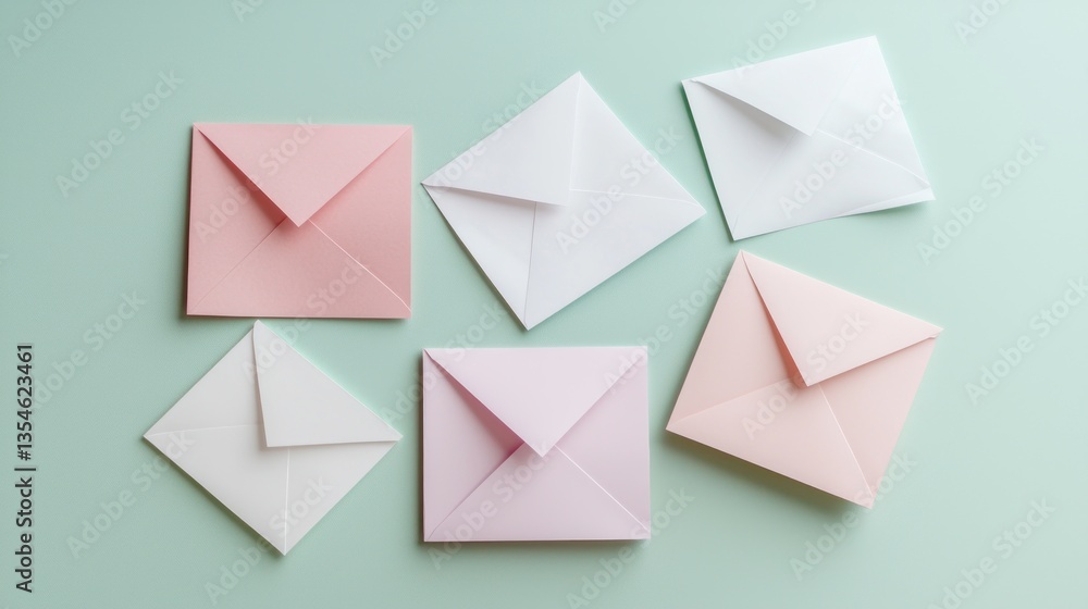 Pastel-colored envelopes arranged on a mint green background. Several envelopes in various shades of pink and white, folded and ready for mail Pastel-colored envelopes arranged on a mint green background. Several envelopes in various shades of pink and white, folded and ready for mail