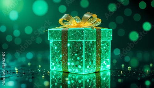Glowing Gift Box with Gold Bow, Magical green gift box with gold ribbon. Festive, celebratory, and luxurious.