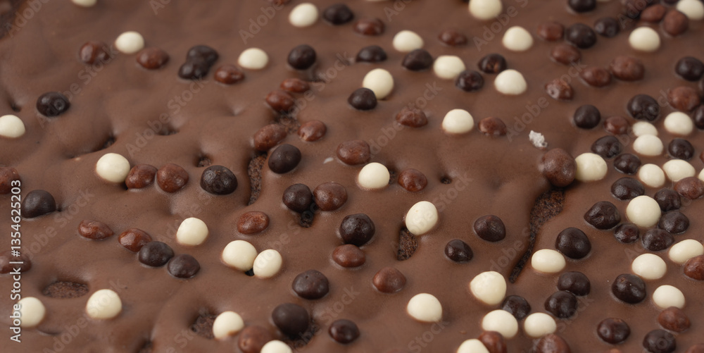 Chocolate brownie cake texture background sprinkled with white and dark balls, brounie banner Chocolate brownie cake texture background sprinkled with white and dark balls, brounie banner