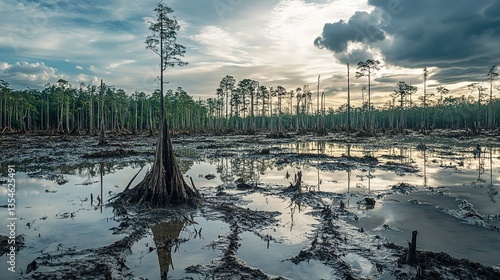 Rising water levels inundate a once-thriving forest, highlighting the consequences of deforestation. Trees stand amidst the flooded ground, showcasing the ongoing ecological disruption