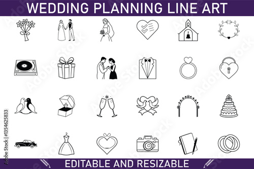 Editable Wedding Planning Line Art Icons Bride, Groom, Rings, Church