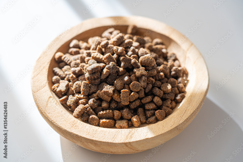 Dry pet food in sunlight, dog kibble pile, scattered puppy pellets, small canine protein croquette Dry pet food in sunlight, dog kibble pile, scattered puppy pellets, small canine protein croquette