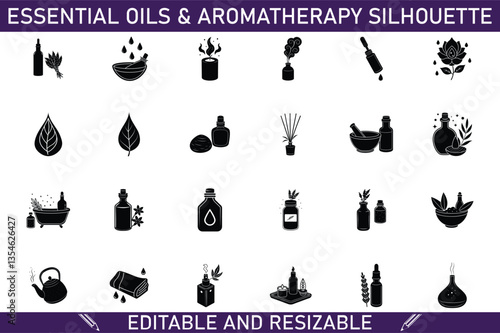 Essential Oils Aromatherapy Silhouette Icons Editable and Resizable Set