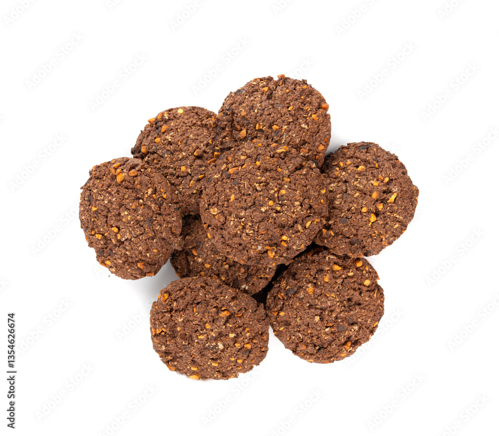 Chocolate oatmeal cookies, healthy cereal oat crackers with nuts, crispy homemade cookie with cocoa powder Chocolate oatmeal cookies, healthy cereal oat crackers with nuts, crispy homemade cookie with cocoa powder