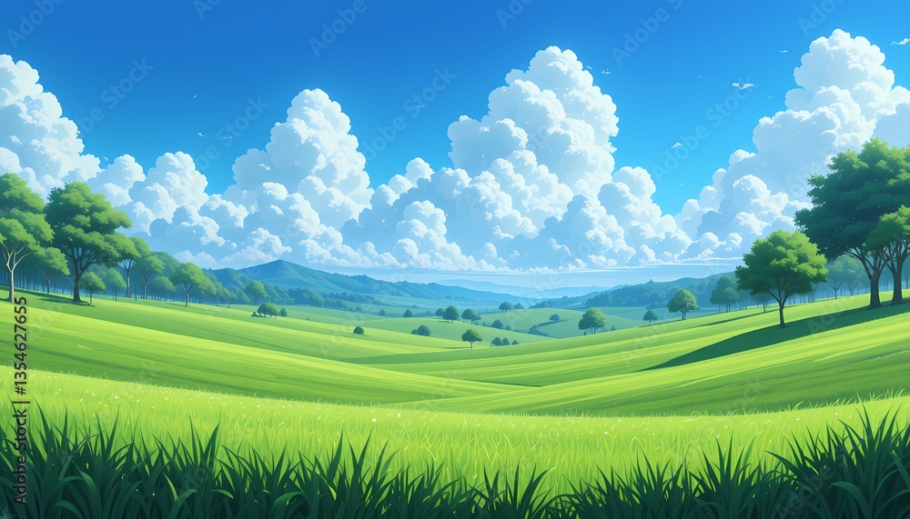 Obraz premium Idyllic Green Meadow Landscape, Stunning summer meadow, vibrant green grass, fluffy clouds, blue sky