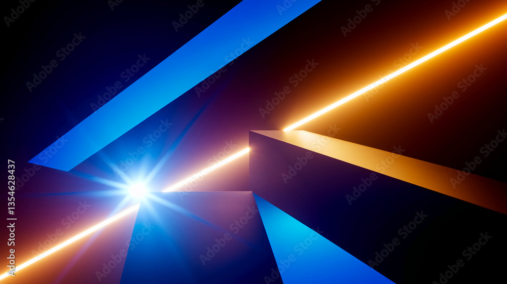 Abstract image of geometric shapes illuminated by blue and orange neon lights, creating a dynamic and modern showcase with free space for text or logo placement, symbolizing innovation and energy Abstract image of geometric shapes illuminated by blue and orange neon lights, creating a dynamic and modern showcase with free space for text or logo placement, symbolizing innovation and energy