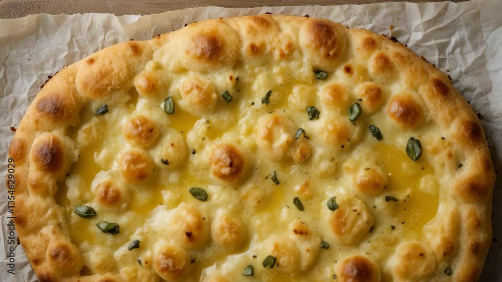 Golden Focaccia Delight: Close-up shot captures a perfectly baked focaccia bread, glistening with olive oil and adorned with herbs, on parchment paper Golden Focaccia Delight: Close-up shot captures a perfectly baked focaccia bread, glistening with olive oil and adorned with herbs, on parchment paper