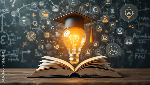 Education Light Bulb with Graduation Cap Symbolizing Knowledge and Innovation in Open Book