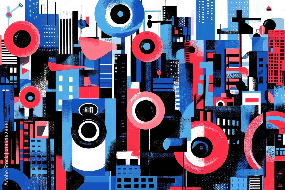 Abstract Cityscape with Circles and Geometric Shapes in Red and Blue Abstract Cityscape with Circles and Geometric Shapes in Red and Blue