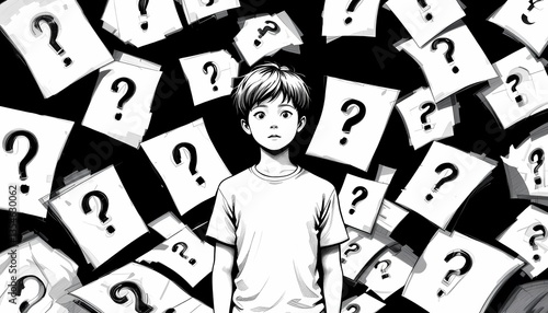 Boy Surrounded by Question Marks, Young boy overwhelmed by uncertainty and questions.