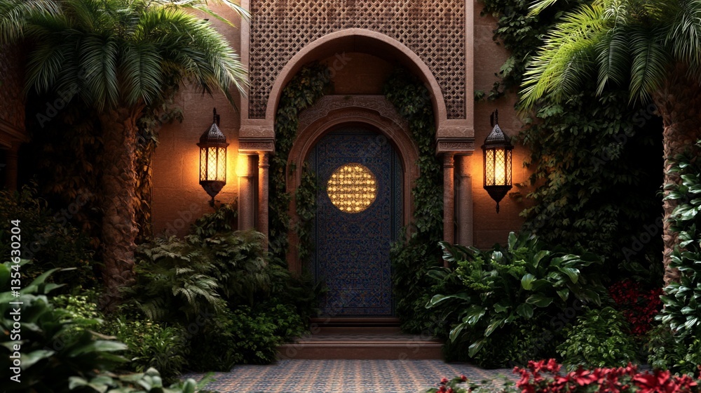 Fototapeta premium Exotic Moroccan architecture with ornate door and lush botanical garden