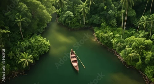 A slow, cinematic aerial UHD shot following an old wooden canoe drifting peacefully down a winding river in a tropical jungle. The dense greenery on either side reflects on the calm water.