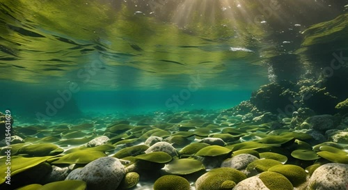 An ultra-realistic underwater UHD shot that explores the depths of a pristine river. The camera glides through submerged rocks, aquatic plants, and schools of fish swimming gracefully. 