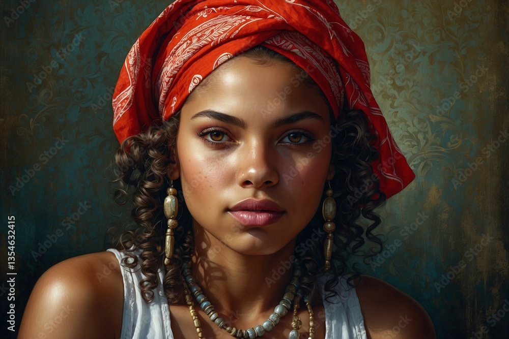 Young Black Woman With Bright Bandana On Head And Very Curly Hair