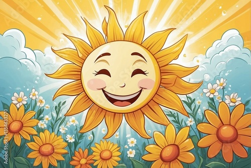 Minimalist Cartoon Drawing Of Smiling Sun Surrounded By Flowers