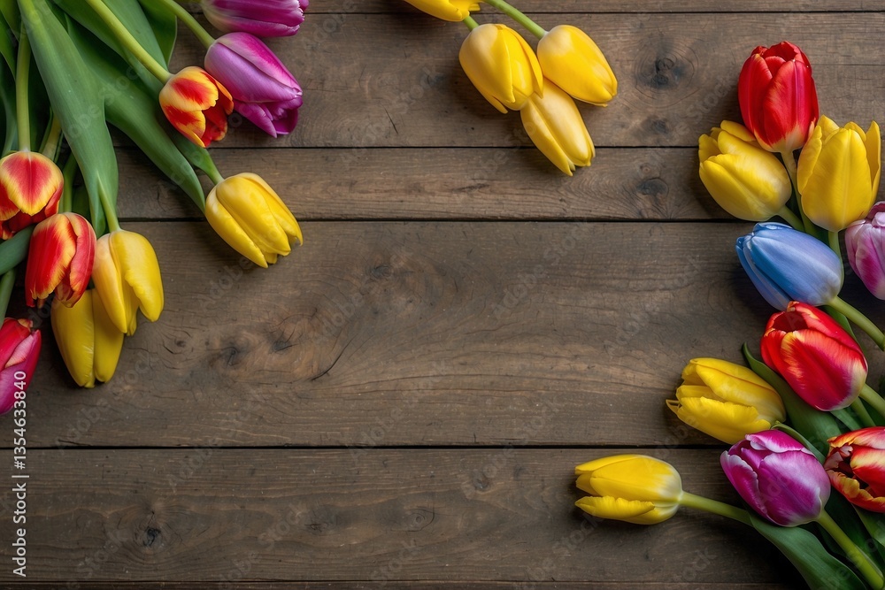 Wooden Table Adorned With Multicolored Tulips, A Butterfly, And Easter Eggs: Bright Mood Of The Holiday