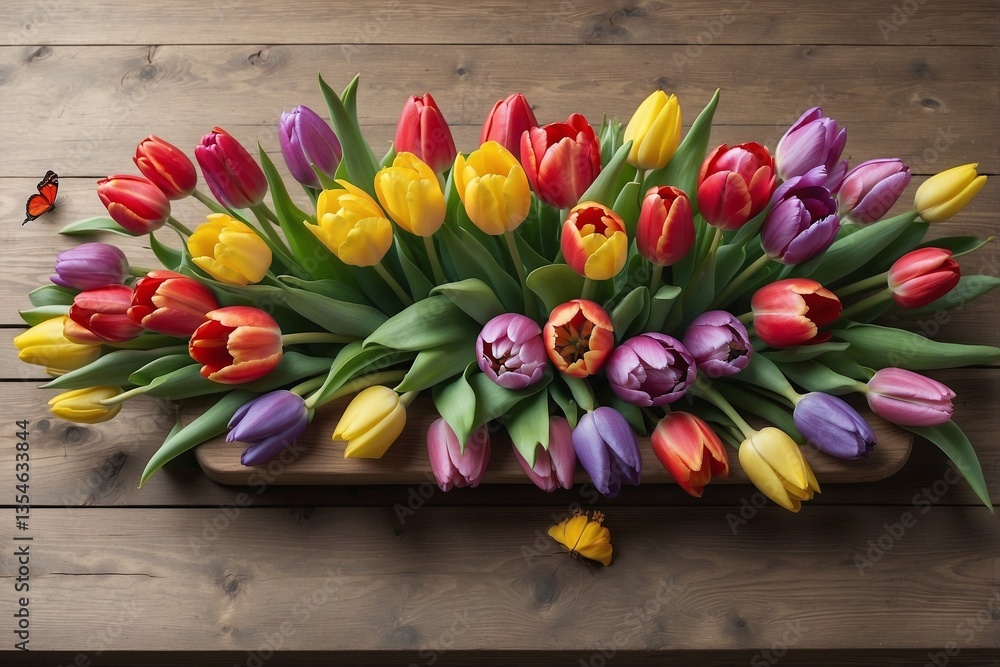 Wooden Table Adorned With Multicolored Tulips, A Butterfly, And Easter Eggs: Bright Mood Of The Holiday