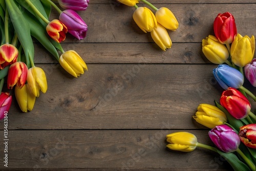 Obraz na płótnie Wooden Table Adorned With Multicolored Tulips, A Butterfly, And Easter Eggs: Bright Mood Of The Holiday w salonie