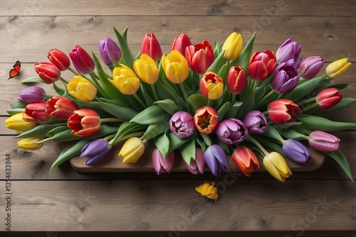 Obraz na płótnie Wooden Table Adorned With Multicolored Tulips, A Butterfly, And Easter Eggs: Bright Mood Of The Holiday w salonie