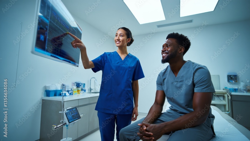 Fototapeta premium A doctor and patient discussing a wellness plan in a modern, sunlit clinic