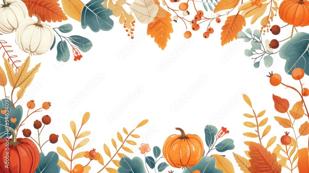 Autumn Harvest Frame With Pumpkins, Berries And Leaves Autumn Harvest Frame With Pumpkins, Berries And Leaves
