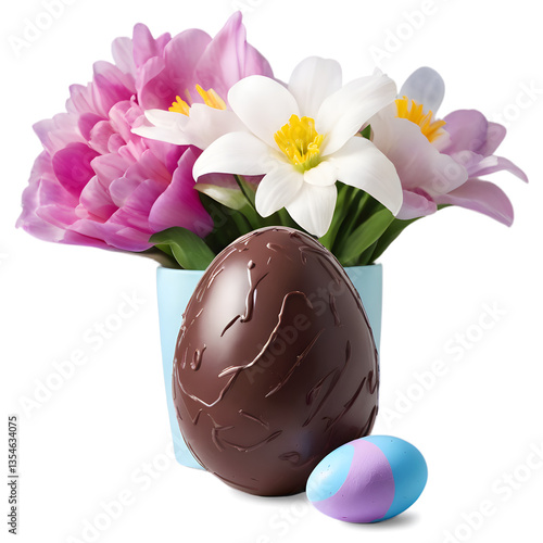 colorful eggs and flowers, isolated on transparent background. Happy Easter for advertisement, header, easter rabbit, egg, and spring flowers, copy space 
