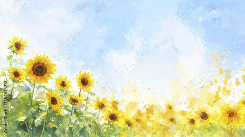 Fototapeta Naklejka Na Ścianę i Meble -  Vibrant sunflowers in watercolor style against bright blue sky, creating cheerful and uplifting atmosphere