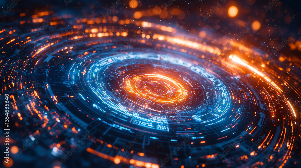 A visually striking circular futuristic tech background featuring glowing blue and orange lights. Generative AI