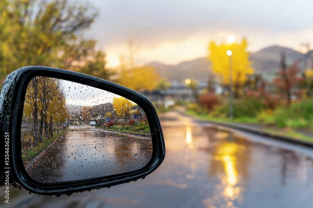 Reflections of autumn rain scenic view of a neighborhood street nature photography rainy environment side mirror perspective Reflections of autumn rain scenic view of a neighborhood street nature photography rainy environment side mirror perspective