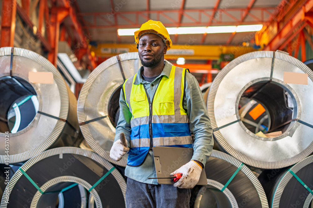 African workers working team happy aftter working of maintenance machine in heavy industrial factory