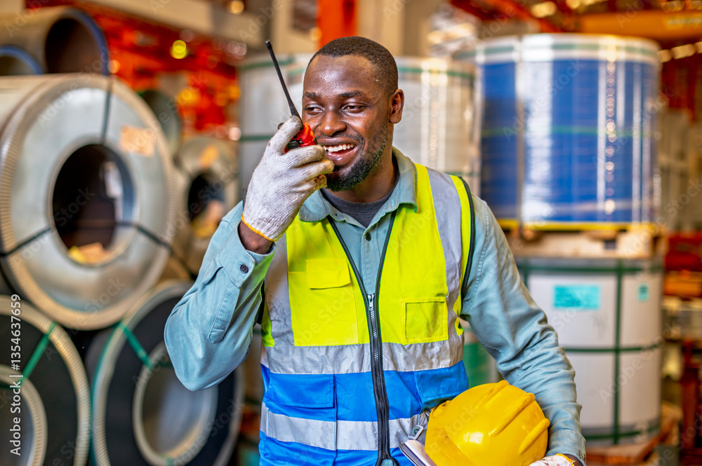 African workers working team happy aftter working of maintenance machine in heavy industrial factory