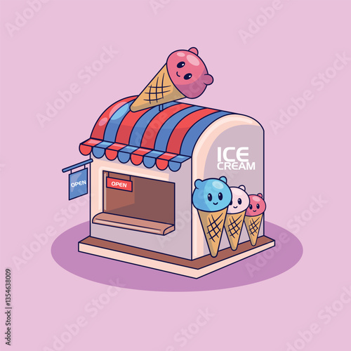 Cute ice cream shop icon kawai vector