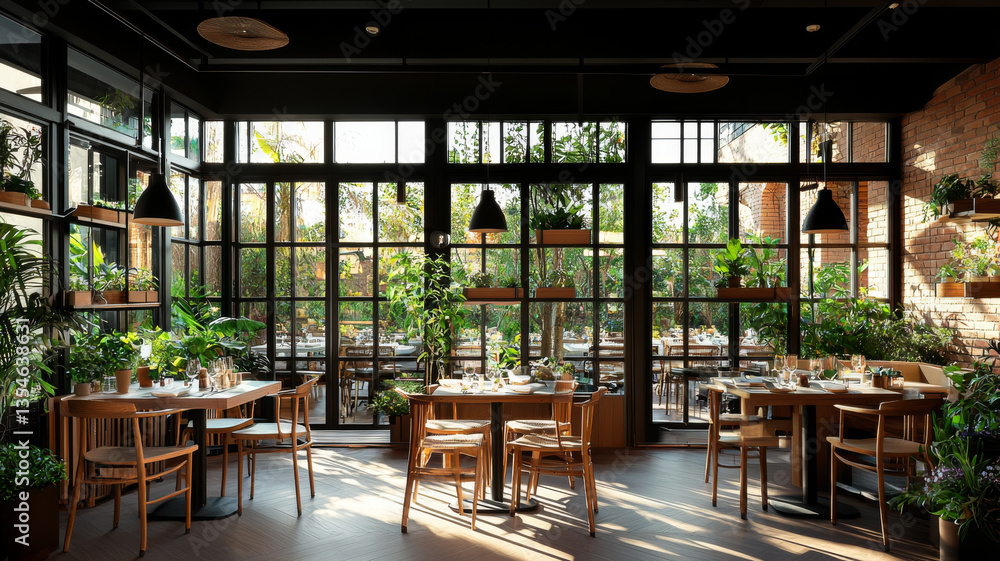 Fototapeta premium modern restaurant interior featuring large windows, wooden furniture, and abundant greenery. space is bright and inviting, perfect for dining and socializing