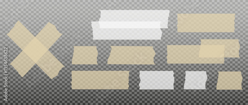 Scotch tape. Sticky paper tape. Adhesive Transparent sticky stripe. Sticker for collage, fixing photo notes. Vector