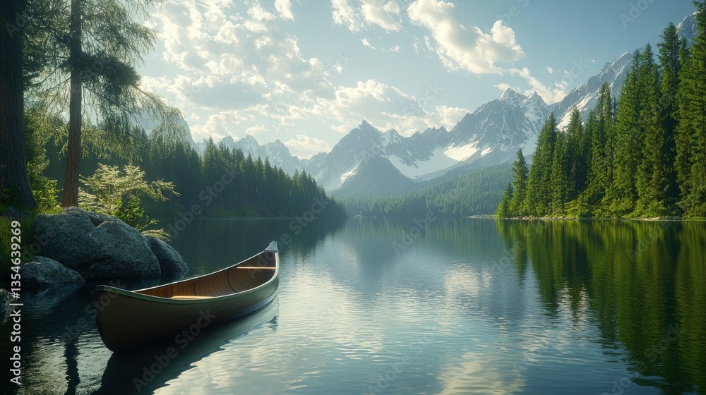 Tranquil lake scene with a canoe, surrounded by mountains and lush forests under a clear sky Tranquil lake scene with a canoe, surrounded by mountains and lush forests under a clear sky