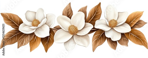 Floral Watercolor Illustrations for Spring Designs Soft Hand-Painted flowers, leaves, Elegant floral design featuring magnolia flowers and leaves. Decorative Spring Assets