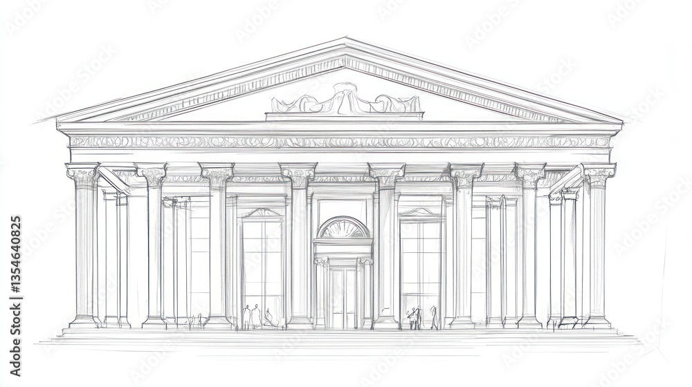 Fototapeta premium Classical building sketch, front view, architectural drawing, detailed facade, illustration, possible use for architectural design