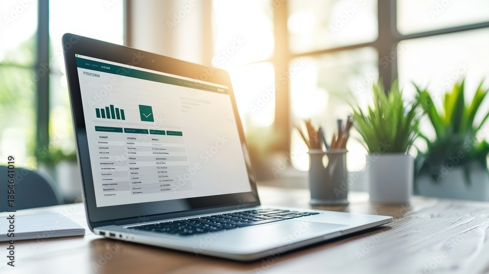 A sleek laptop displaying data analytics sits on a wooden desk, surrounded by plants and stationery, illuminated by natural light. A sleek laptop displaying data analytics sits on a wooden desk, surrounded by plants and stationery, illuminated by natural light.