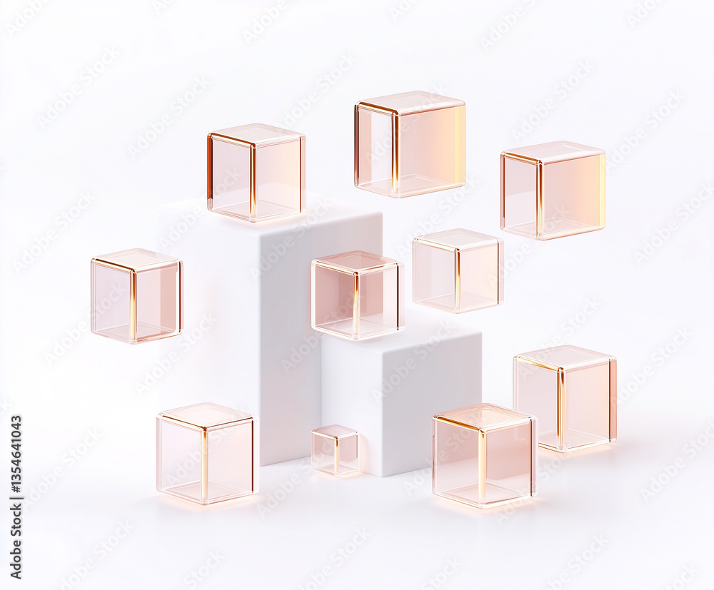 Obraz premium Floating transparent glass cubes with gold accents on minimalist white blocks