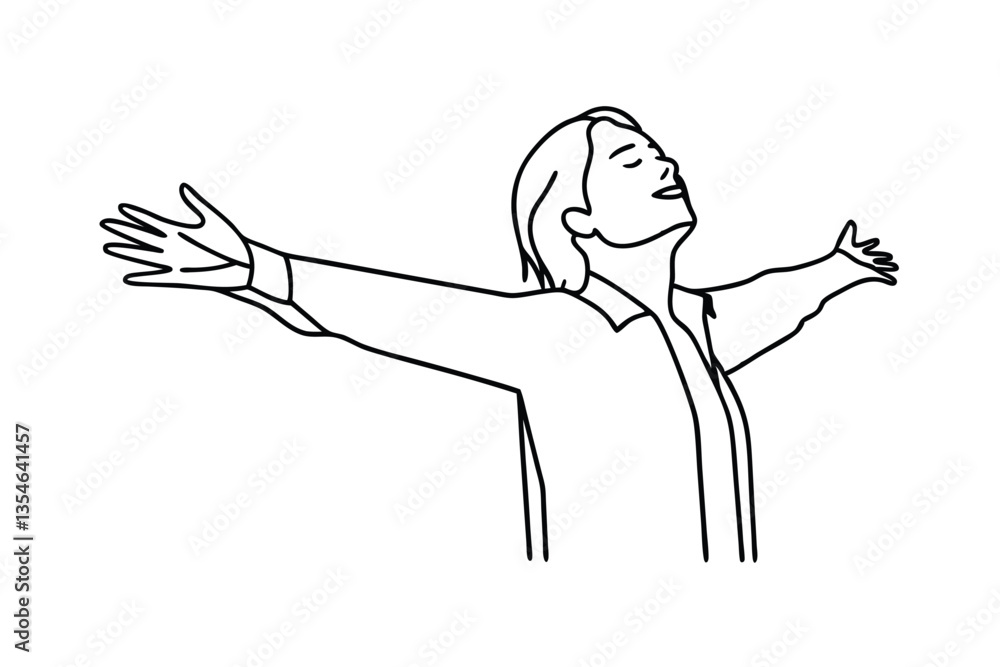 Fototapeta premium Woman Embracing Freedom, Joy, Open Arms, Happiness, Life, Sketch, Line Art, Minimalist, Contentment,